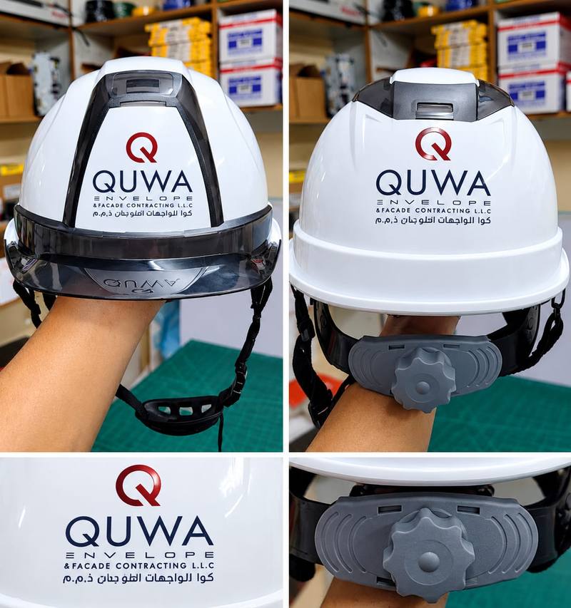 Safety helmets printed with a company logo
